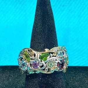 Multi-Gemstone 18k/Sterling Silver Swirl Ring, Sz 7